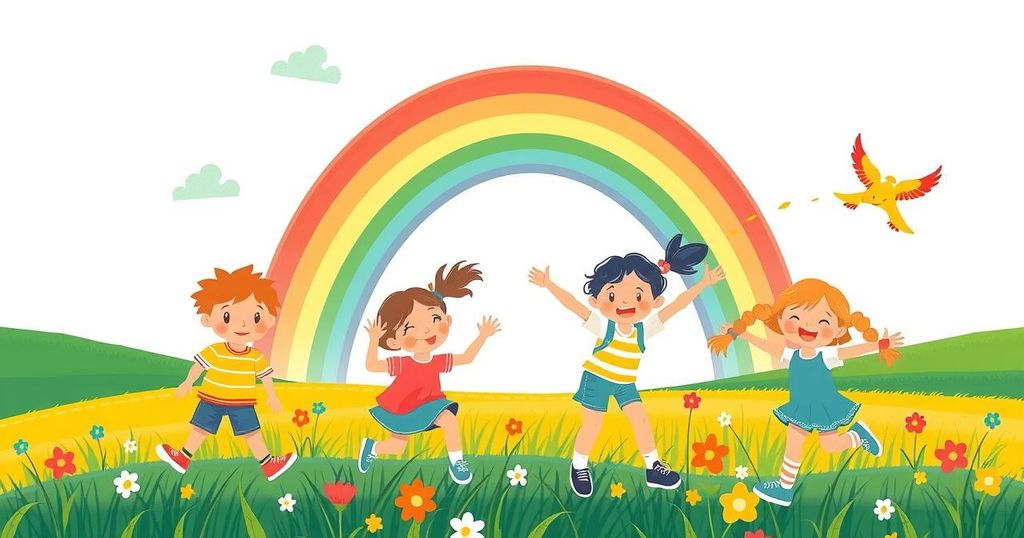 Ilustrasi anak-anak bermain dengan anak-anak pelangi yang cerah di angkasa.
