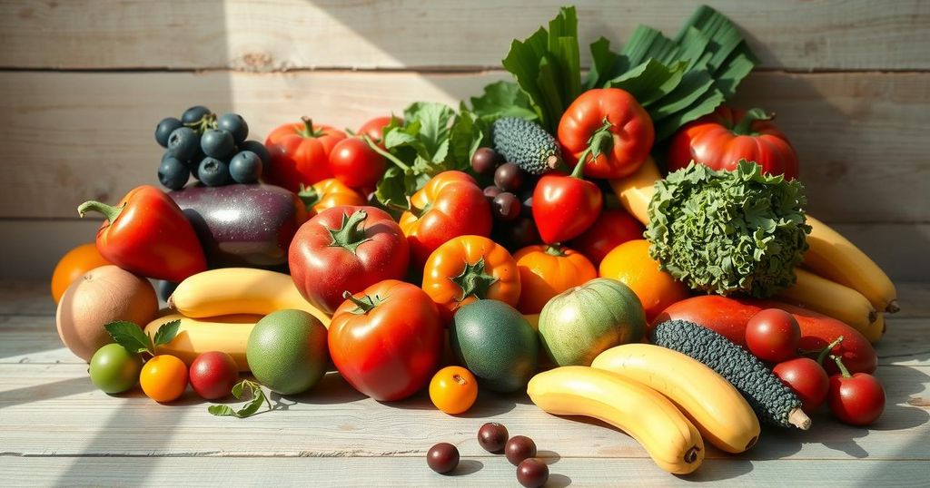 Sustainable healthy meals featuring fresh fruits and vegetables on a wooden table, highlighted with natural light.