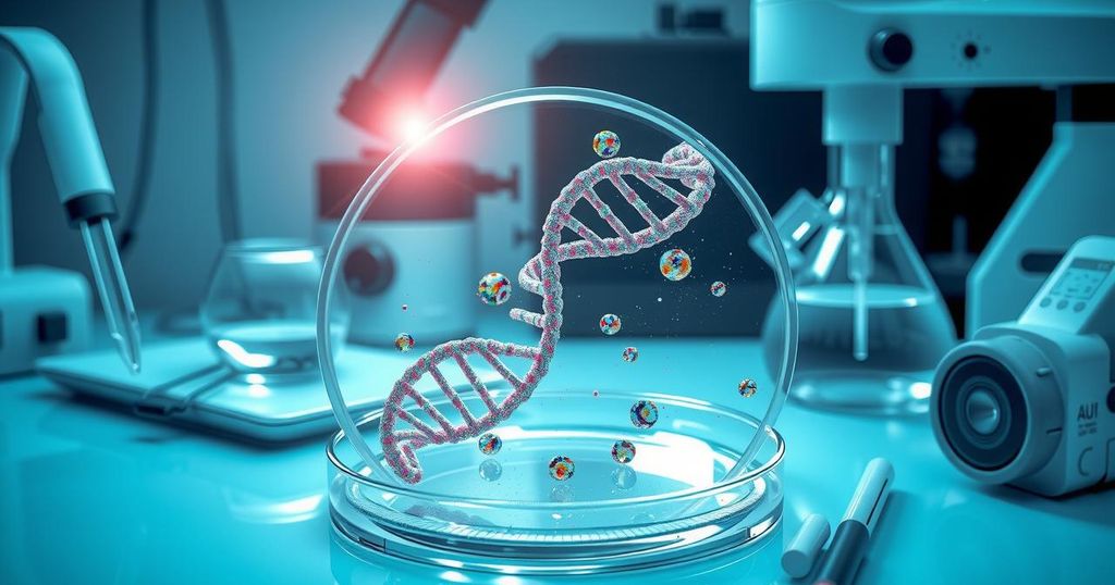 RNA in a lab setting with scientific tools, highlighting molecular research, colored in soft blue and green tones.