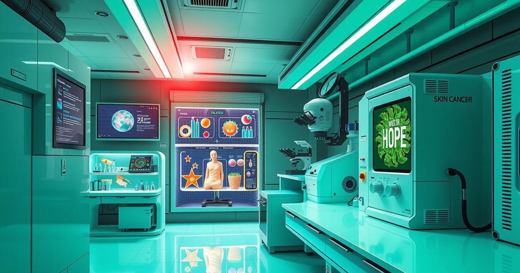 Gambaran ilmiah tentang penelitian kanker kulit dengan latar belakang laboratorium yang futuristik dan warna hijau cerah.