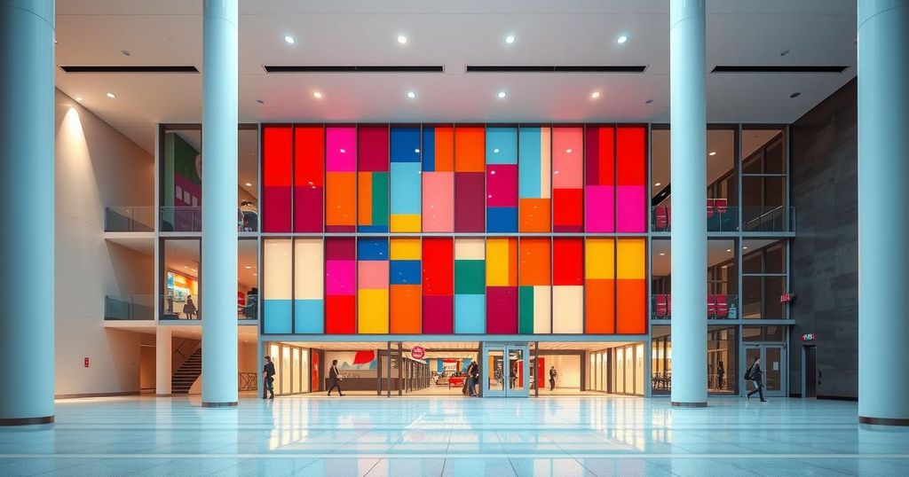 Gedung modern dengan panel transparan berwarna-warni, menciptakan suasana hangat untuk perawatan kanker di Santa Fe.
