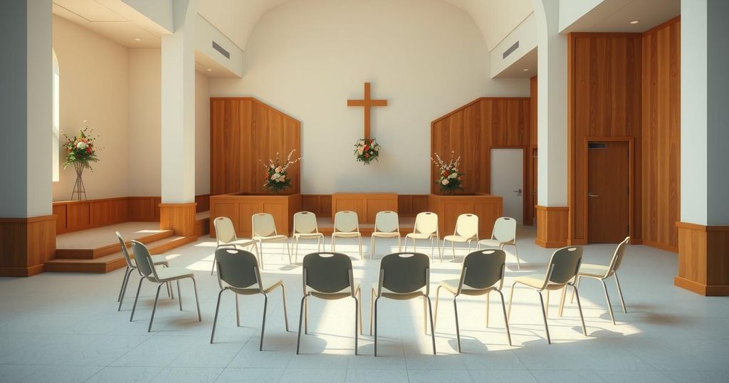 Group discussion at a serene church hall with soft lighting and neutral colors, symbolizing support and community.
