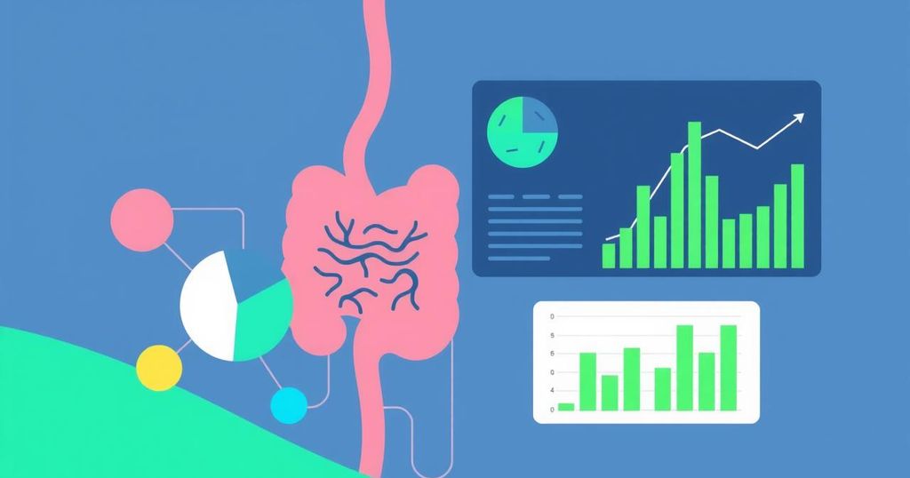 Ilustrasi screening kanker gastrointestinal dengan grafik warna cerah dan desain minimalis.