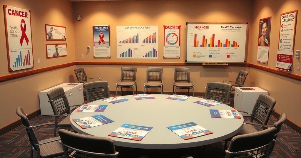 Gathering of local leaders discussing cancer prevention initiatives in a community space.