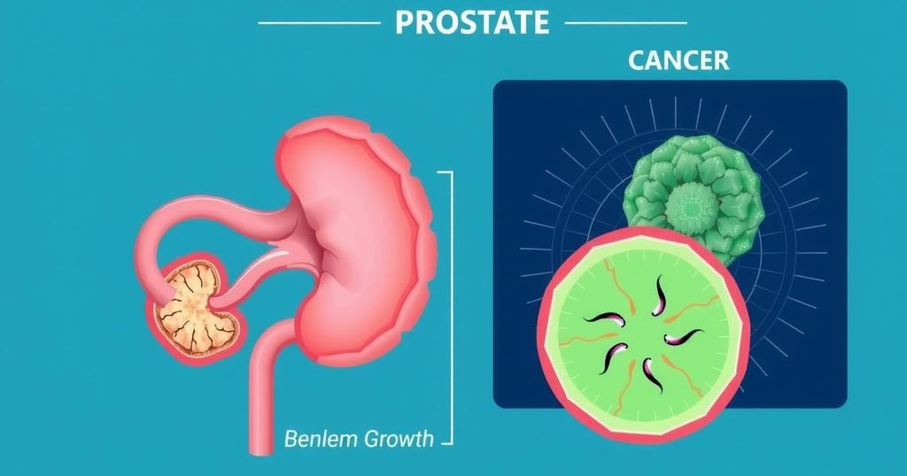 Illustration of a healthy prostate anatomy with benign growth and cancer comparison in shades of blue and green, educational style.