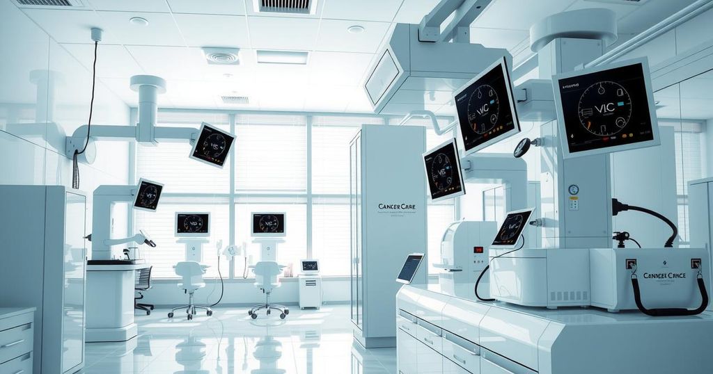 Gambar laboratorium penelitian dengan peralatan medis dan pengujian genetik untuk penelitian kanker.