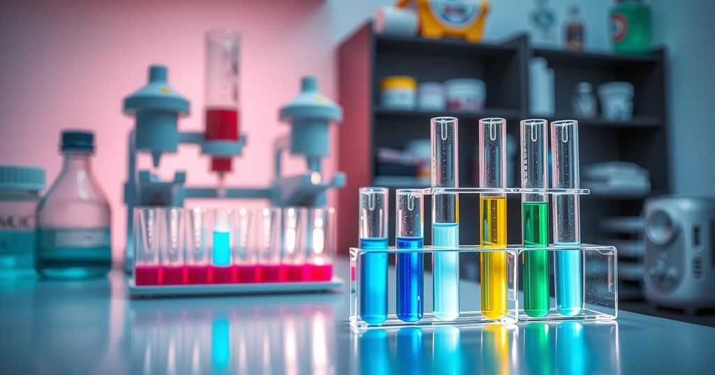 Uji kanker baru yang revolusioner di laboratorium, alat dan tabung percobaan dengan pencahayaan lembut.