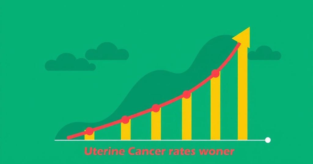 Ilustrasi grafik pertumbuhan yang menunjukkan tren peningkatan angka kanker rahim di kalangan wanita, warna cerah, gaya modern.
