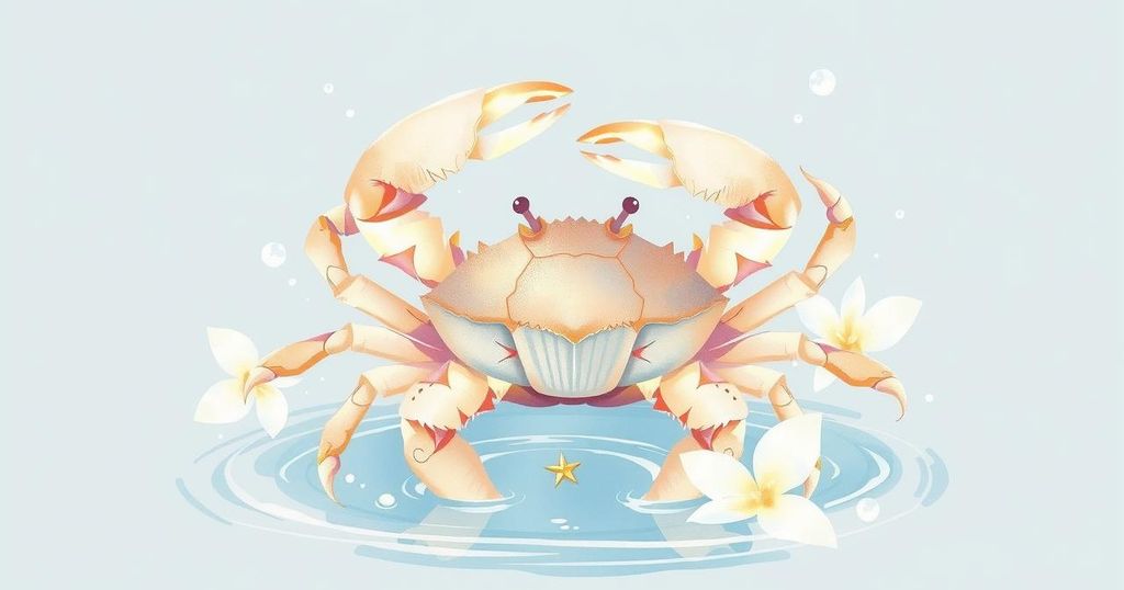 Ilustrasi zodiak Cancer dengan warna putih lembut, menggambarkan kepiting dan elemen air yang damai.