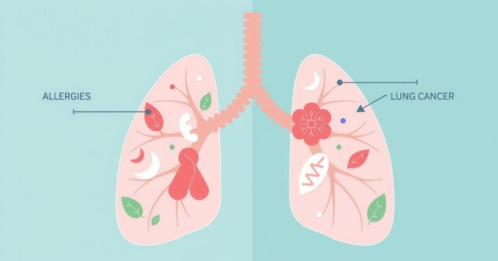 Ilustrasi hubungan antara alergi dan risiko kanker paru-paru dengan elemen grafik yang menarik.