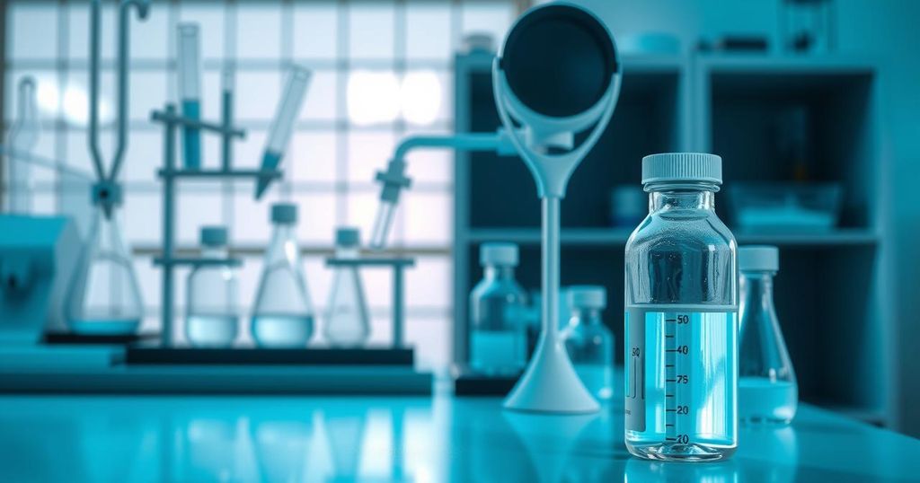 Siluet botol dan alat laboratorium di latar belakang yang menunjukkan penelitian medis dan pengobatan kanker.