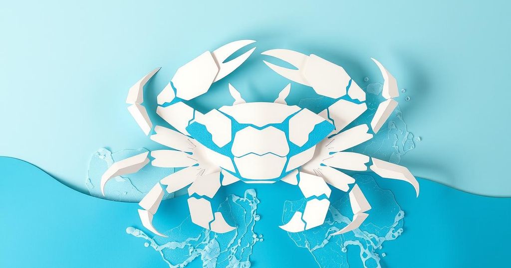 Karton dengan simbol kepiting, warna putih dan nuansa biru laut, mewakili zodiak Cancer.