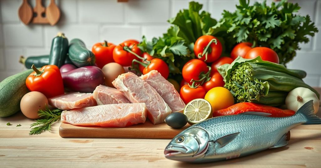 Daging merah dan alternatif protein sehat seperti ikan dan sayuran segar dalam suasana dapur yang bersih.