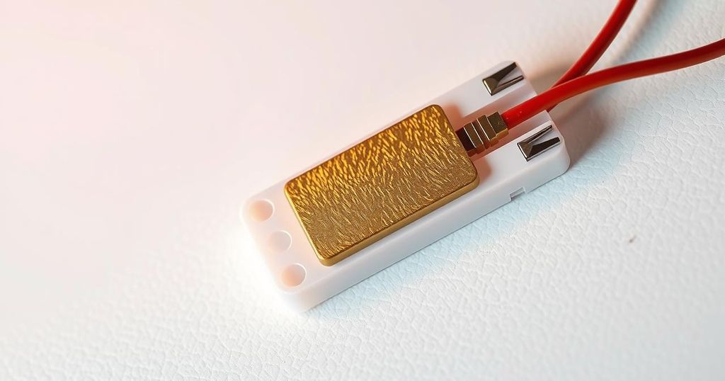 Sensor alat deteksi penyakit menggunakan CRISPR dan DNA, ditampilkan pada latar belakang kasar dengan warna lembut.