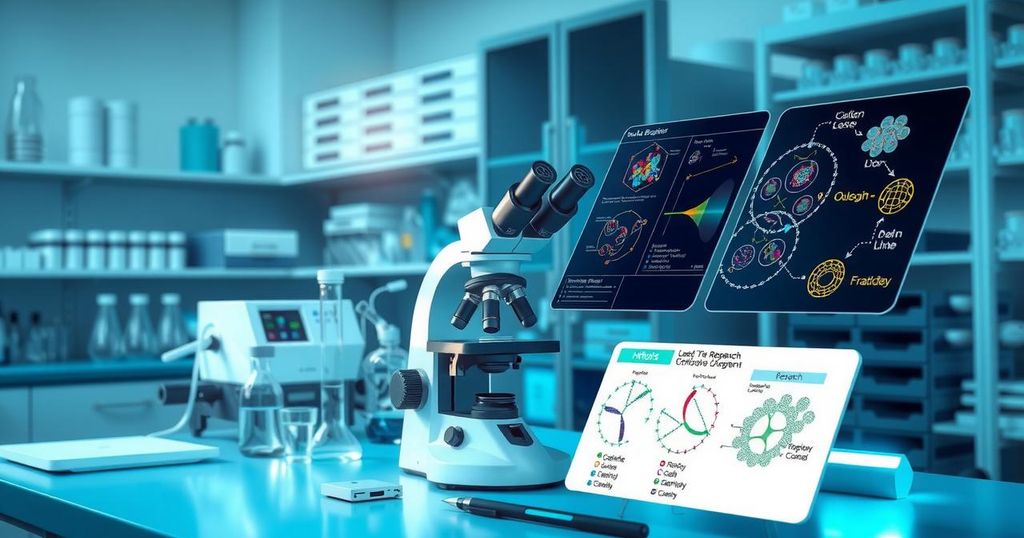 Ilustrasi laboratorium penelitian dengan mikroskop, peralatan ilmiah, dan diagram jalur sinyal biologis.