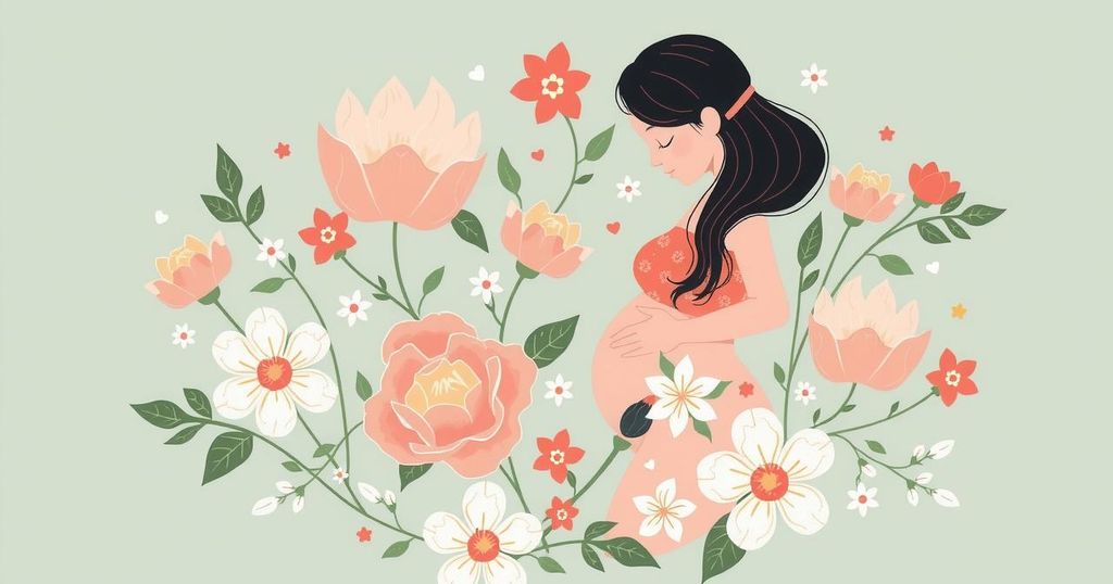 Gambar grafis yang menunjukkan wanita berpengalaman dengan latar belakang bunga dan ilustrasi simbolis tentang kehamilan dan berat badan.