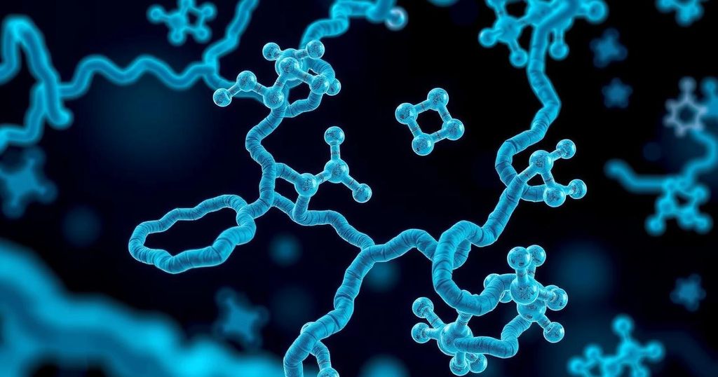 Ilustrasi biomolekul dengan latar belakang gelap, menunjukkan interaksi protein dan enzim dalam terapi kanker.