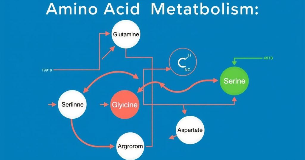 Ilustrasi jalur metabolisme asam amino dengan elemen kimia dan diagram yang menyoroti peran dalam kanker payudara.