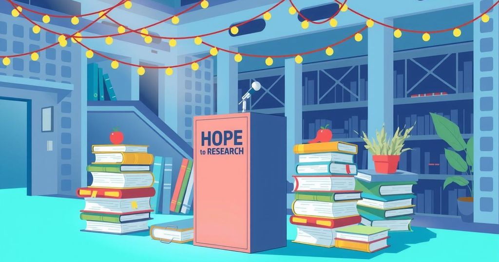 Ilustrasi acara dengan mikrofon, buku, dan dekorasi yang meriah, menggambarkan semangat komunitas untuk penelitian.