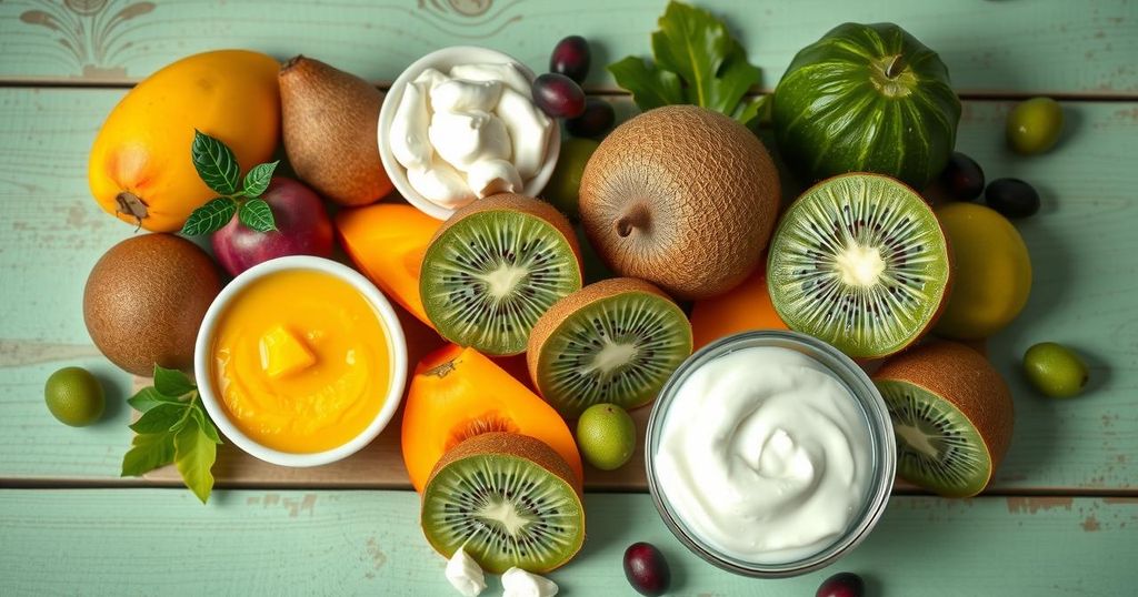 Mangga, kiwi, dan yoghurt dalam komposisi makanan sehat. Warna cerah dan warna pelangi untuk menggoda selera.