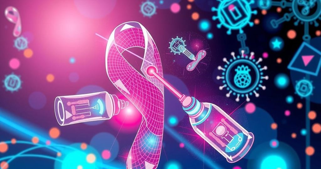 Ilustrasi kolaborasi inovatif untuk deteksi dini kanker dengan warna cerah dan pola futuristik.