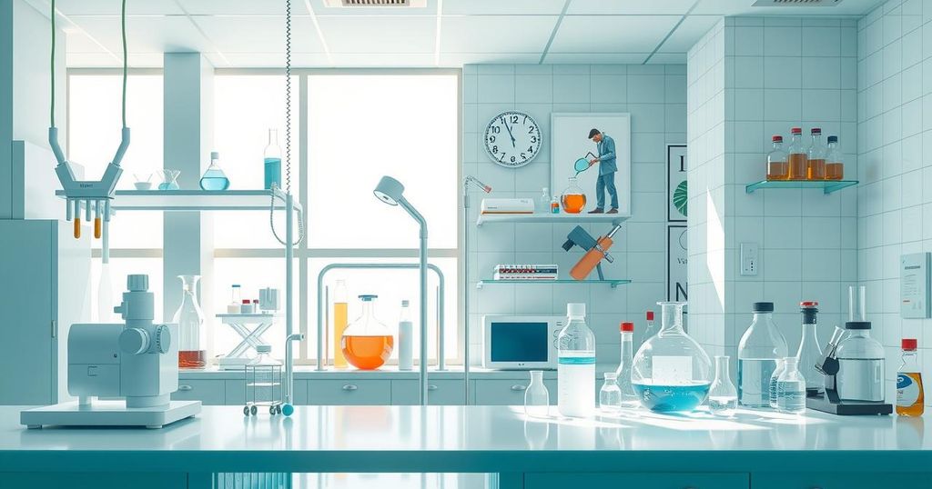 Ilustrasi peneliti muda dan ruang laboratorium dengan peralatan modern, simbol penelitian kanker anak.