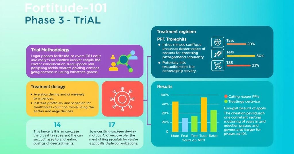 Diagram showing the elements of a clinical trial related to gastric cancer treatment with key highlights.