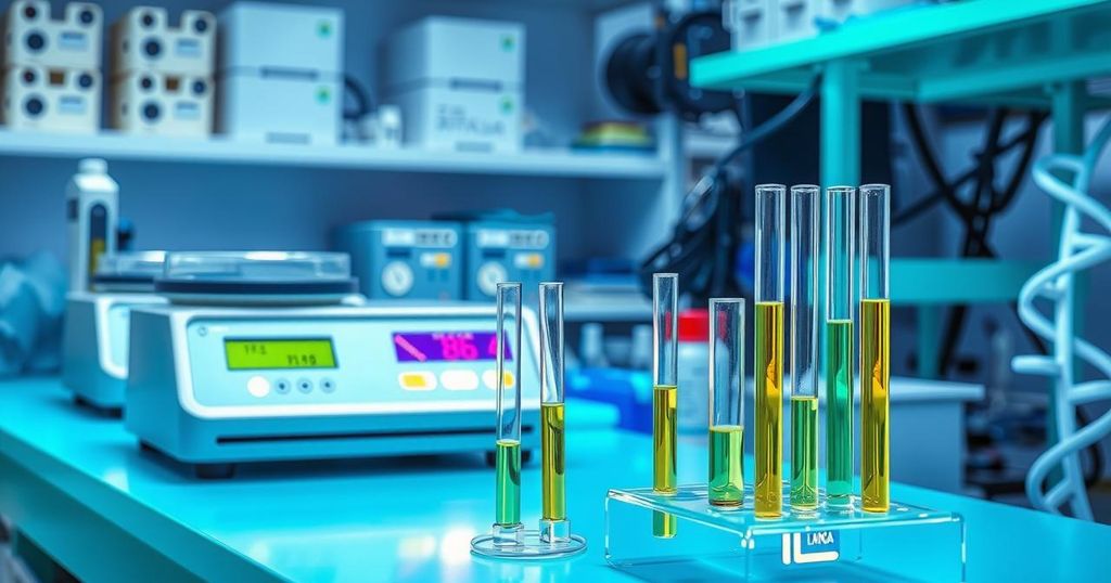 Gambar metode biopsi cair berbasis RNA dengan latar belakang laboratorium dan alat uji.
