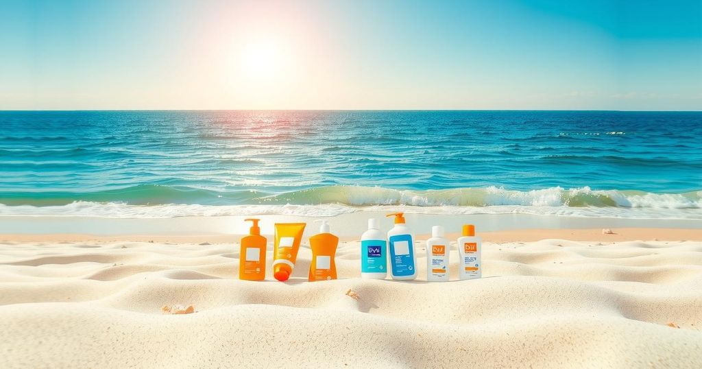 Seascape with vibrant blue ocean, sandy beach, bright sun, and sunscreen bottles illustrating sun protection habits.