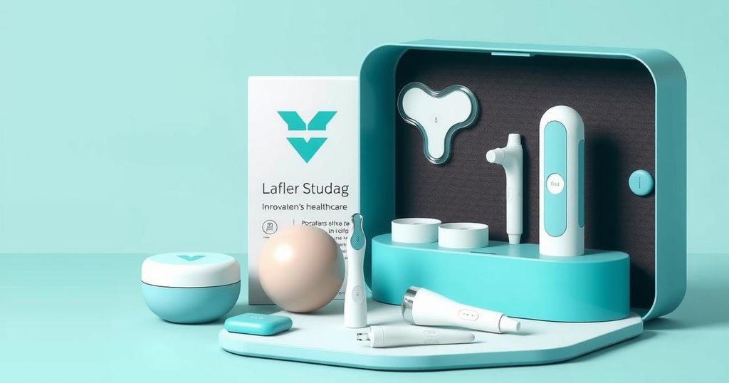 Kit alat uji kesehatan di rumah dengan desain modern berwarna teal, menunjukkan inovasi dalam perawatan wanita.