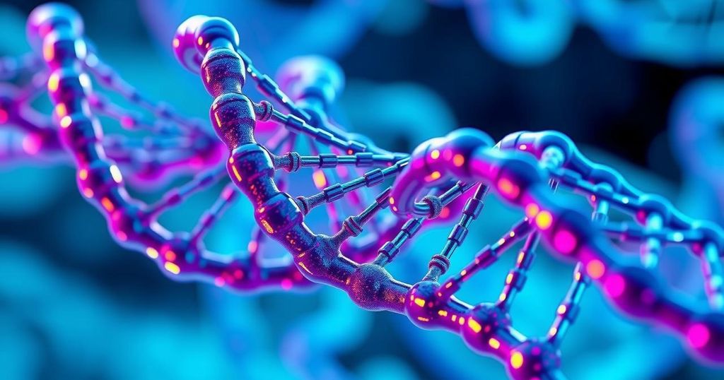 Strands of DNA forming knot-like structures depicted in colored abstract patterns.