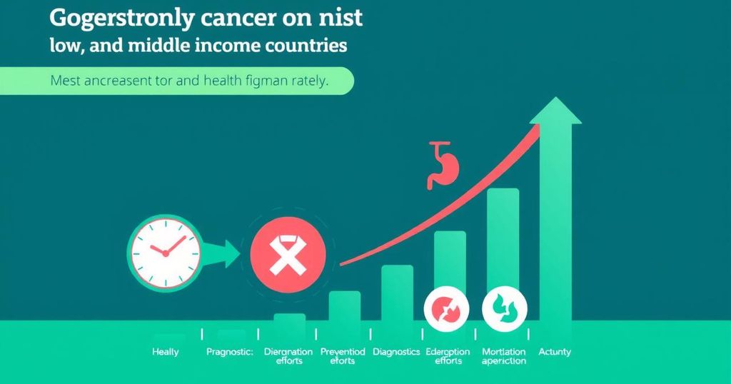 Grafis ilustrasi data kanker gastrointestinal di negara berpenghasilan rendah dan menengah, dengan palet warna hijau dan biru.