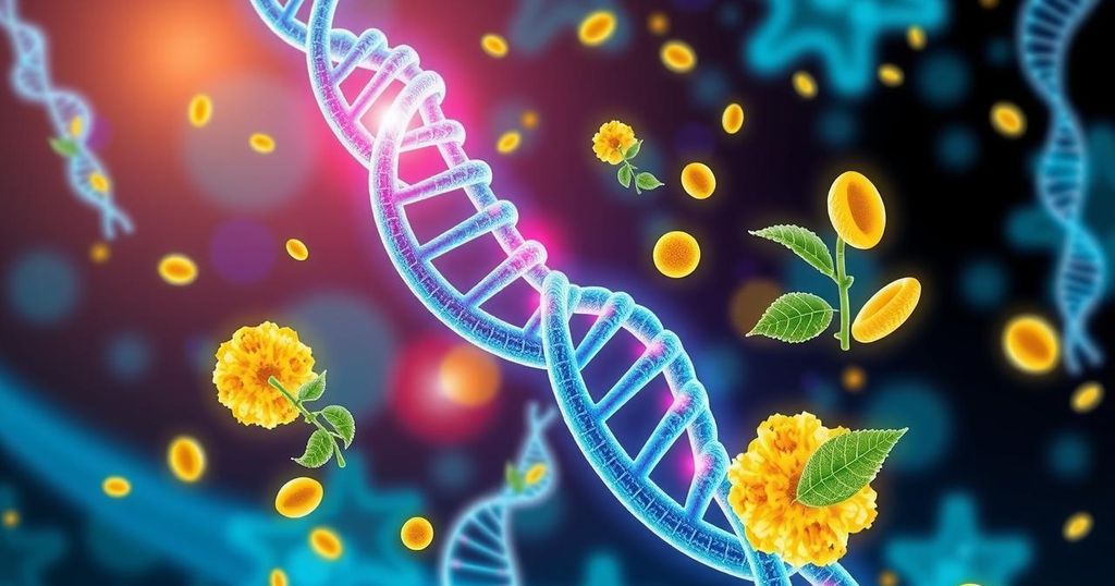Ilustrasi gen SDR42E1 yang berperan dalam metabolisme vitamin D dan terapi kanker, dengan latar warna cerah.