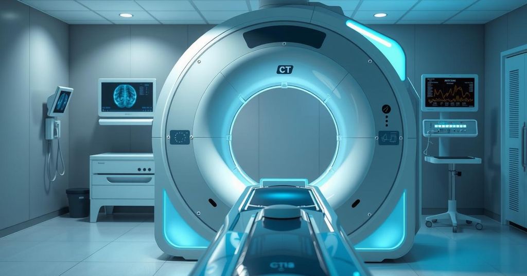 Pemandangan CT Scan modern dengan warna biru dan abu-abu, menunjukkan teknologi tinggi dalam deteksi awal kanker.