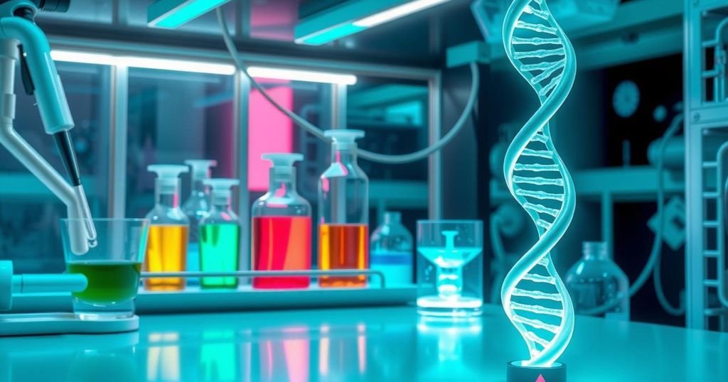 Ilustrasi perkembangan penelitian kanker ovarium dengan latar belakang laboratorium yang futuristik dan warna biru hijau.