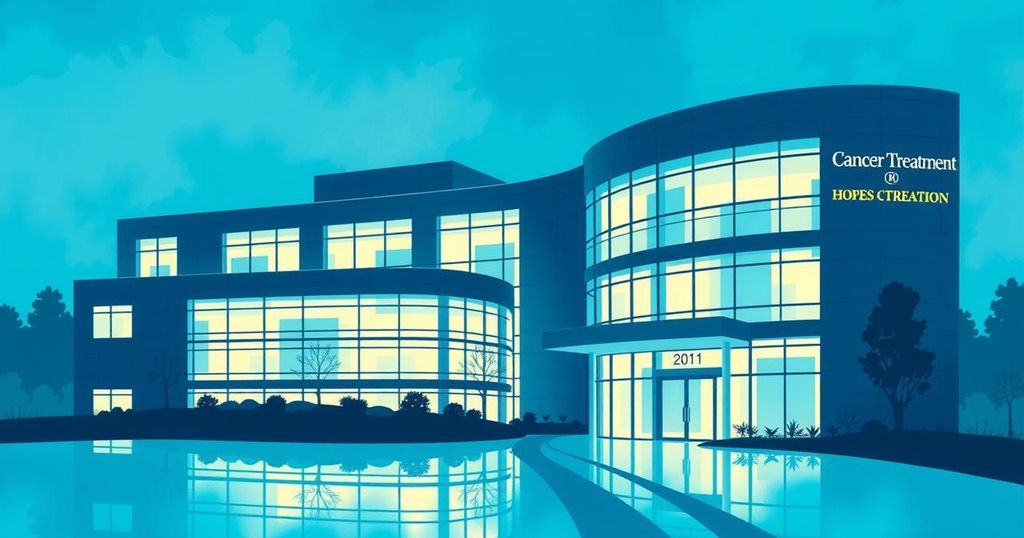 Siluet pusat perawatan kanker yang modern dengan skema warna biru dan hijau, menonjolkan suasana harapan.