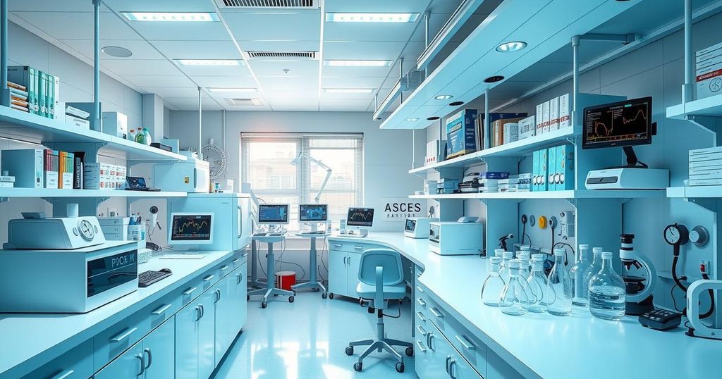 Gambar laboratorium modern dengan alat uji coba dan penelitian kanker, warna biru dan hijau lembut, menggambarkan inovasi