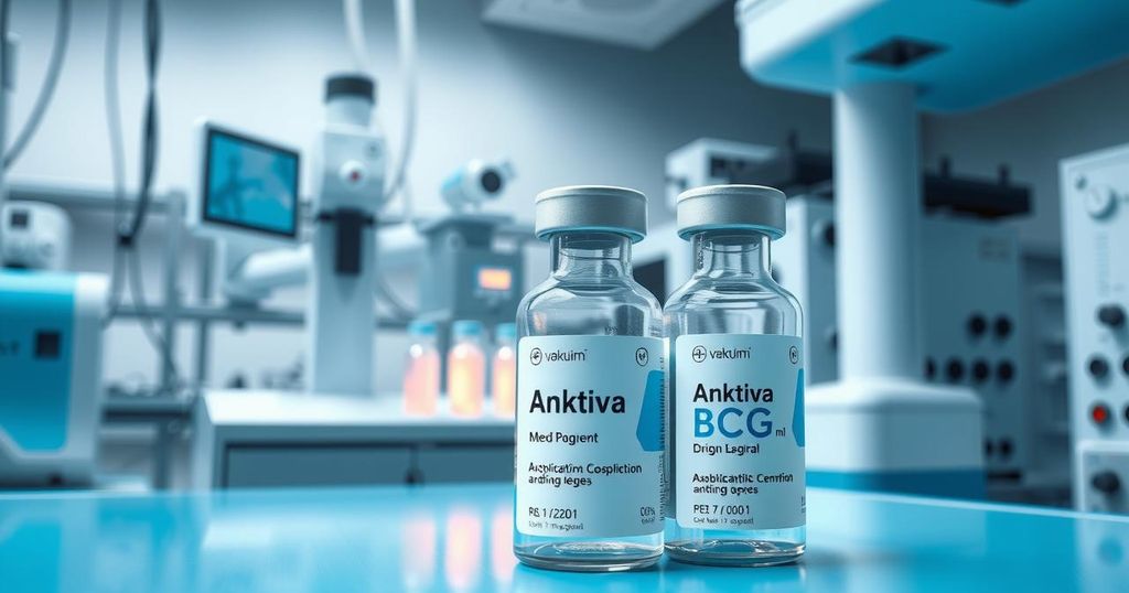 Obat kanker ANKTIVA dengan BCG di laboratorium, botol dan alat medis, nuansa biru dan putih adalah warna dominan.