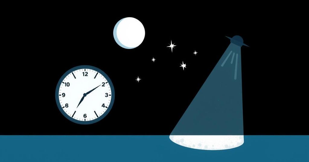 Ilustrasi gelap dan terang menggambarkan ritme sirkadian dengan jam, bulan, bintang, dan cahaya malam.
