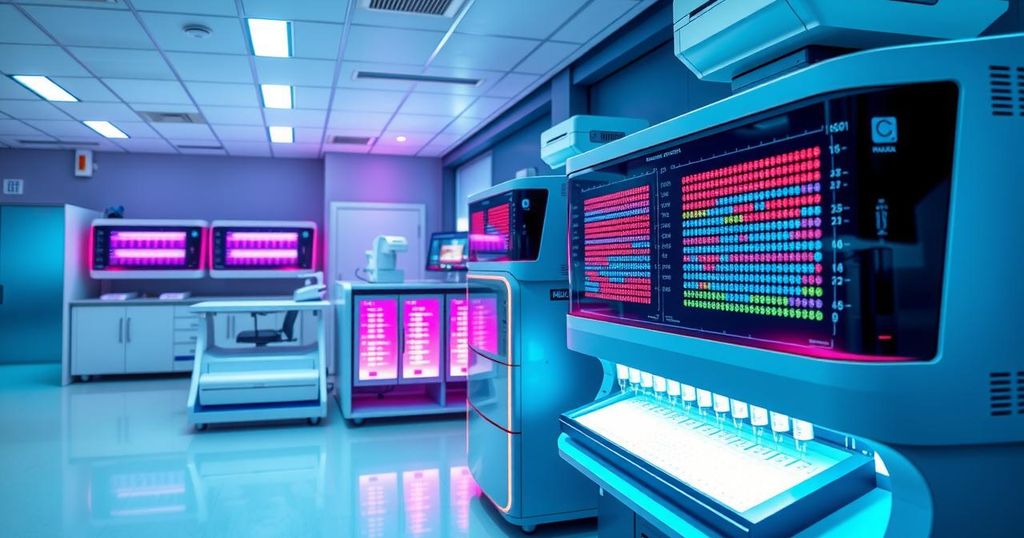 Laboratory scene showcasing advanced genetic testing technology and equipment in a bright, sterile environment.