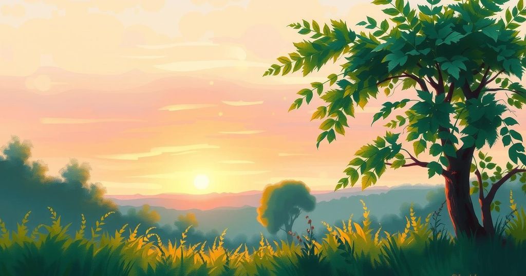 Ilustrasi aktivitas pagi yang energik dengan latar belakang matahari terbit dan warna cerah.