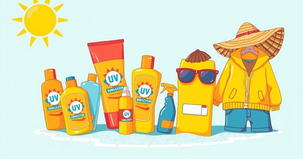 Ilustrasi pencegahan sinar UV dengan pelindung sinar matahari dan bahan pelindung yang cerah.
