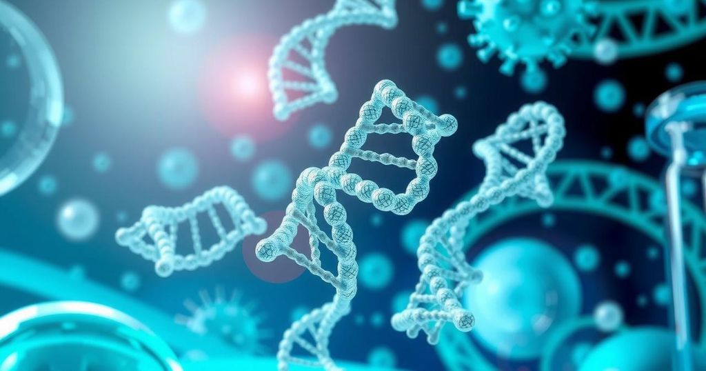 Ilustrasi DNA aptamers membawa obat kanker, warna biru dan hijau dengan latar belakang laboratorium.