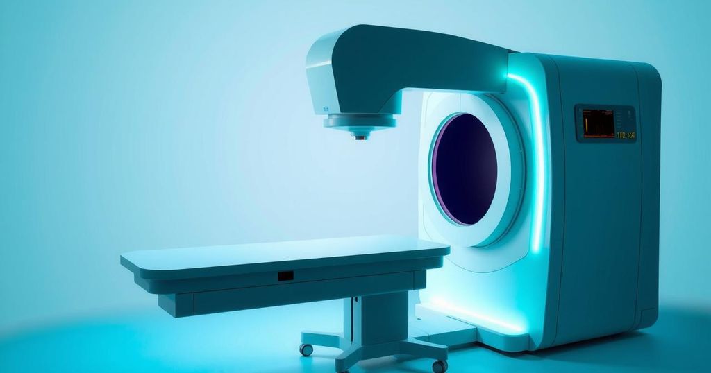 Siluet gambar mammogram dengan palet warna lembut biru dan hijau, menunjukkan teknologi kesehatan modern.