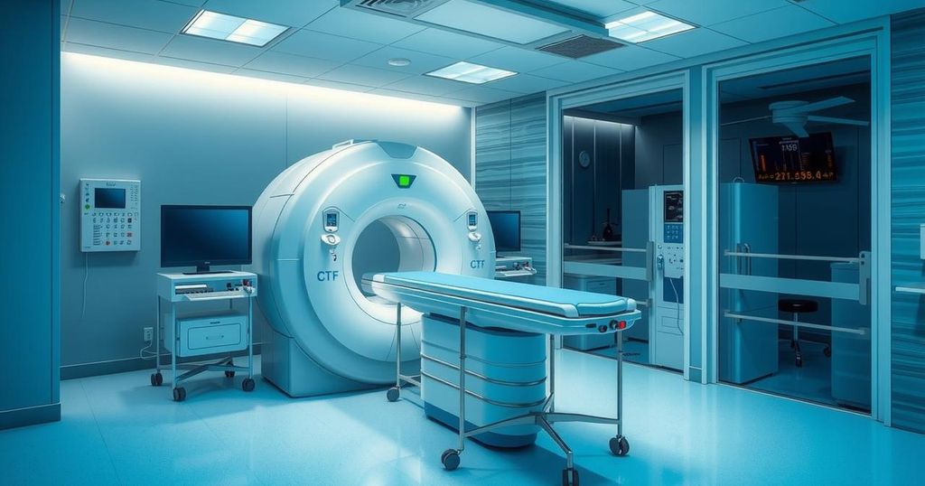 Pemandangan ilmiah dengan alat medisCT scan di ruang rumah sakit, disertai elemen desain modern dan warna biru.