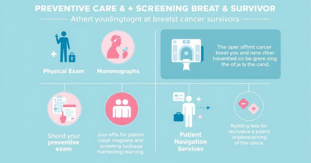 Grafis diagram yang menunjukkan perawatan preventif dan ketaatan penyaringan bagi wanita penyintas kanker.