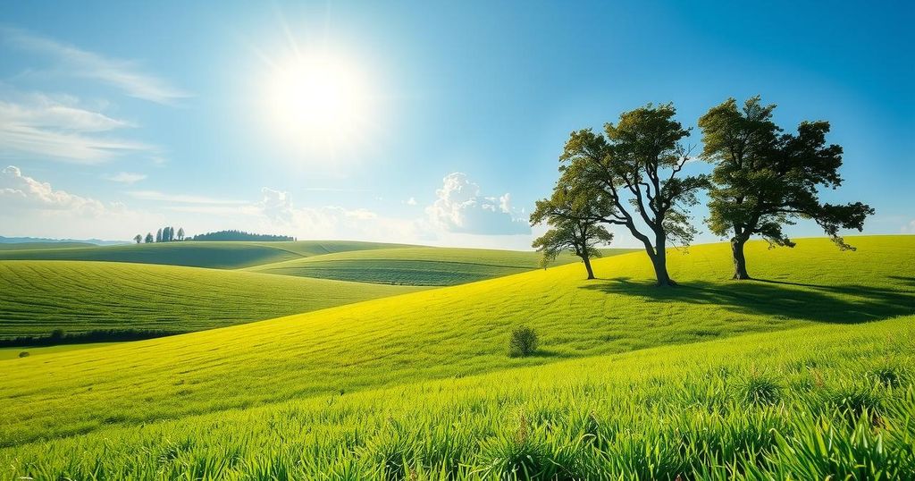 Pemandangan alam menenangkan dengan langit biru dan hijau subur, melambangkan harapan dan ketahanan dalam komunitas.