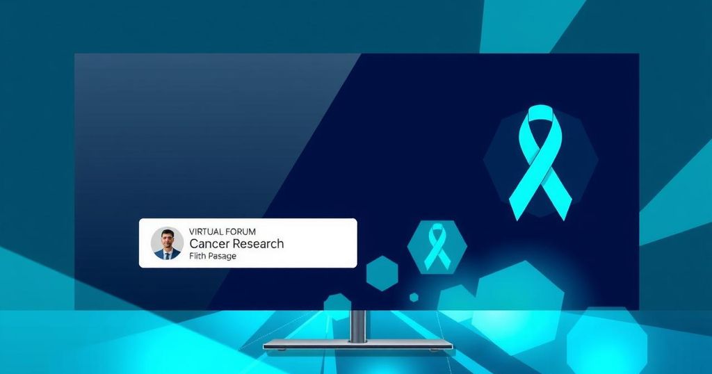 Forum virtual dengan latar belakang teknologi modern menyoroti kompleksitas uji klinis kanker.